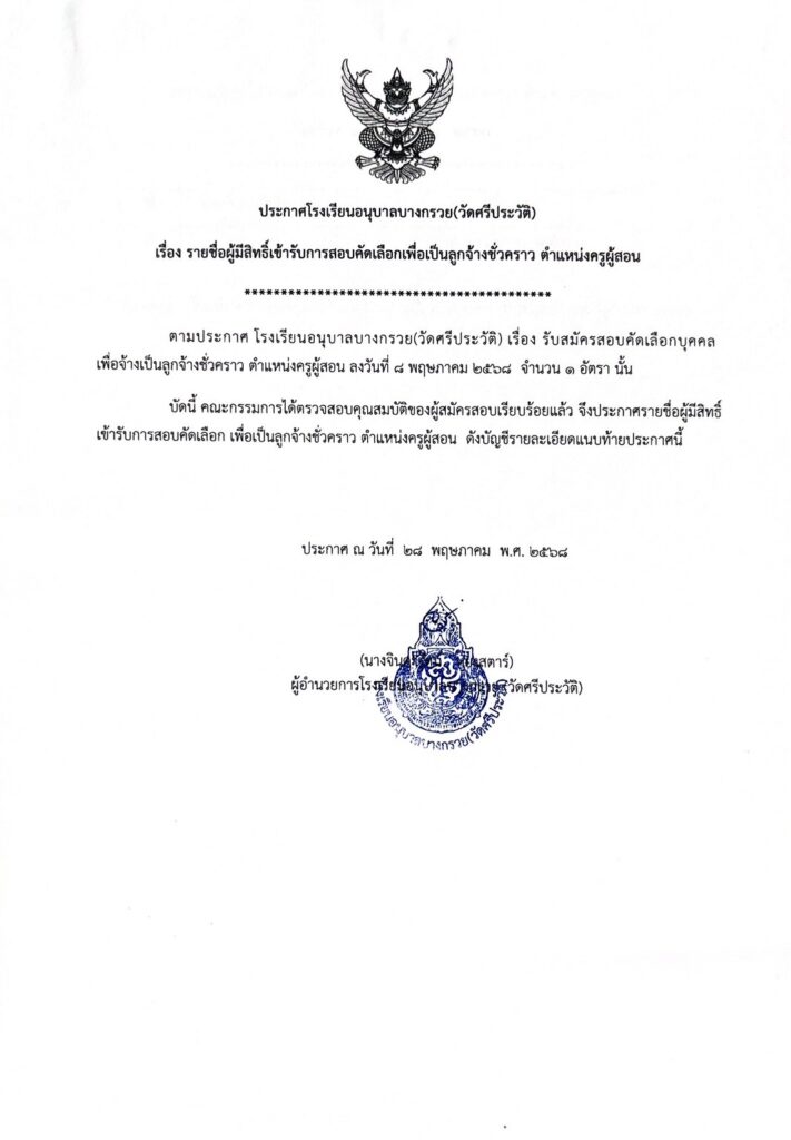 ประกาศรายชื่อ ครูอัตารจ้าง เอกสังคมศึกษา