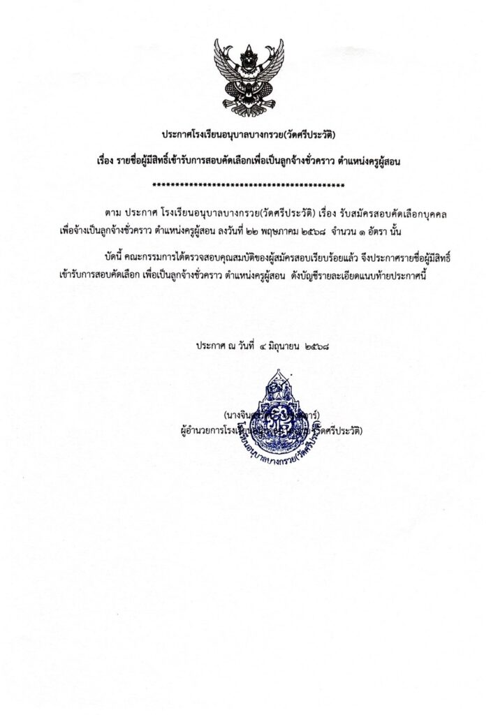 รายชื่อผู้มีสิทธิ์เข้ารับการคัดเลือกเพื่อเป็นลูกจ้างชั่วคราว ตำเเหน่งครูผู้สอน (เอกวิทยาศาสตร์